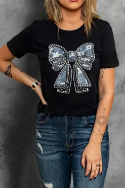 Hot Dear-Lover Rhinestone Bowknot Graphic Crewneck T Shirt Black