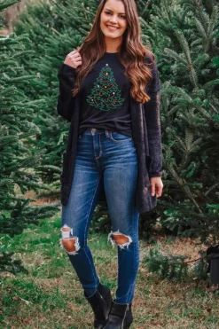 Online Dear-Lover Rhinestone Christmas Tree Round Neck Graphic Tee Black