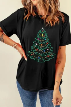 Online Dear-Lover Rhinestone Christmas Tree Round Neck Graphic Tee Black