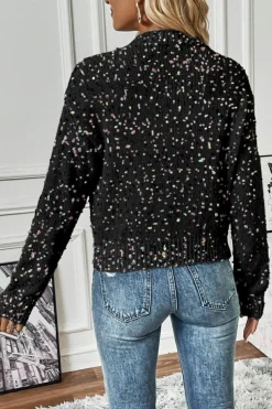 Fashion Dear-Lover Rhinestone Decor Multicolor Confetti Sweater Cardigan Black