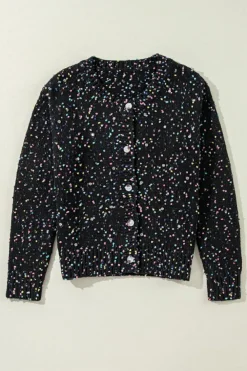 Fashion Dear-Lover Rhinestone Decor Multicolor Confetti Sweater Cardigan Black