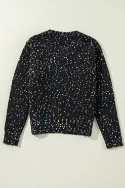 Fashion Dear-Lover Rhinestone Decor Multicolor Confetti Sweater Cardigan Black