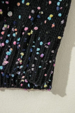 Fashion Dear-Lover Rhinestone Decor Multicolor Confetti Sweater Cardigan Black