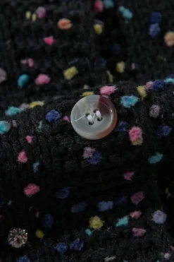 Fashion Dear-Lover Rhinestone Decor Multicolor Confetti Sweater Cardigan Black