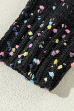 Fashion Dear-Lover Rhinestone Decor Multicolor Confetti Sweater Cardigan Black