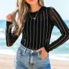 Sale Dear-Lover Rhinestone Decor Striped Mesh Long Sleeve Bodysuit Black