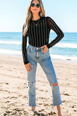 Sale Dear-Lover Rhinestone Decor Striped Mesh Long Sleeve Bodysuit Black