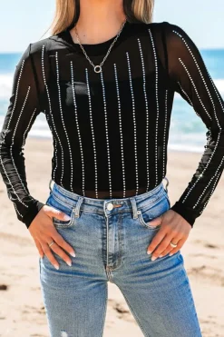 Sale Dear-Lover Rhinestone Decor Striped Mesh Long Sleeve Bodysuit Black