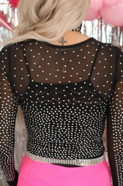 Fashion Dear-Lover Rhinestone Embellished Mesh Long Sleeve Bodysuit Black