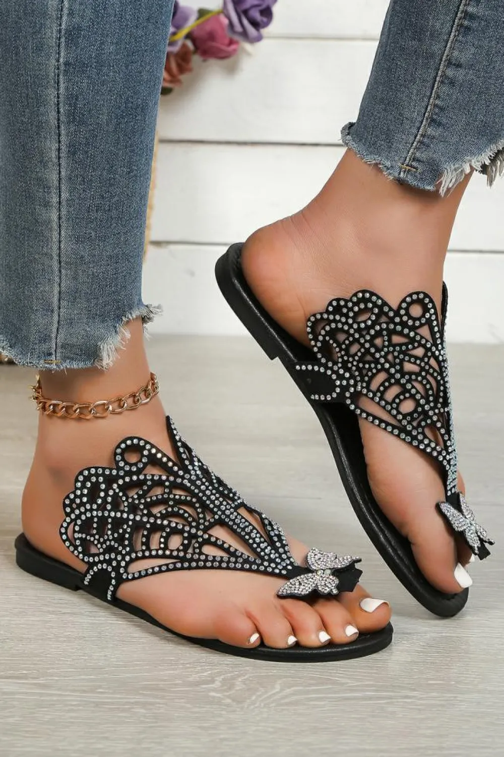 New Dear-Lover Rhinestone Hollow Out Butterfly Open Toe Slippers Black