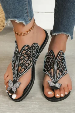 New Dear-Lover Rhinestone Hollow Out Butterfly Open Toe Slippers Black