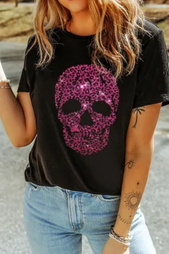 Best Dear-Lover Rhinestone Leopard Skull Graphic Crewneck Casual T Shirt Black