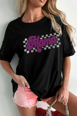Sale Dear-Lover Rhinestone Mama Letter Graphic T Shirt Black