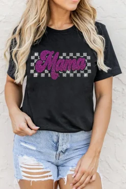Sale Dear-Lover Rhinestone Mama Letter Graphic T Shirt Black