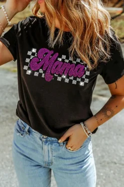 Sale Dear-Lover Rhinestone Mama Letter Graphic T Shirt Black