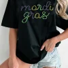 New Dear-Lover Rhinestone Mardi Gras Letter Graphic T Shirt Black