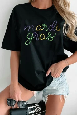 New Dear-Lover Rhinestone Mardi Gras Letter Graphic T Shirt Black