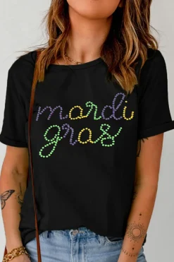 New Dear-Lover Rhinestone Mardi Gras Letter Graphic T Shirt Black