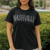 Clearance Dear-Lover Rhinestone NASHVILLE Graphic Crewneck T Shirt Black