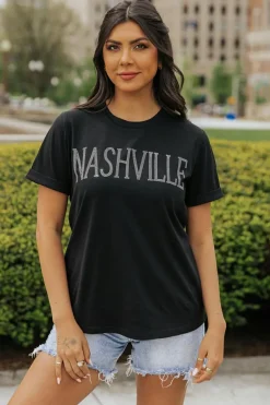 Clearance Dear-Lover Rhinestone NASHVILLE Graphic Crewneck T Shirt Black