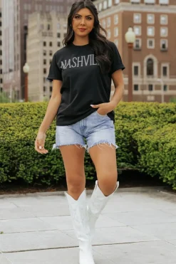 Clearance Dear-Lover Rhinestone NASHVILLE Graphic Crewneck T Shirt Black