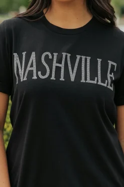Clearance Dear-Lover Rhinestone NASHVILLE Graphic Crewneck T Shirt Black