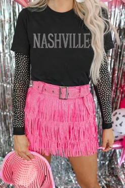 Clearance Dear-Lover Rhinestone NASHVILLE Graphic Crewneck T Shirt Black