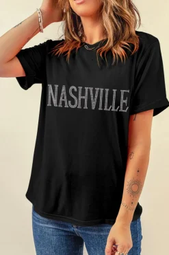 Clearance Dear-Lover Rhinestone NASHVILLE Graphic Crewneck T Shirt Black