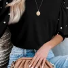 Sale Dear-Lover Rhinestone Pearl Puff Half Sleeve Top Black