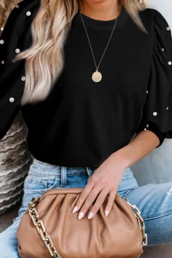 Sale Dear-Lover Rhinestone Pearl Puff Half Sleeve Top Black