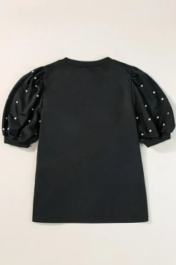 Sale Dear-Lover Rhinestone Pearl Puff Half Sleeve Top Black
