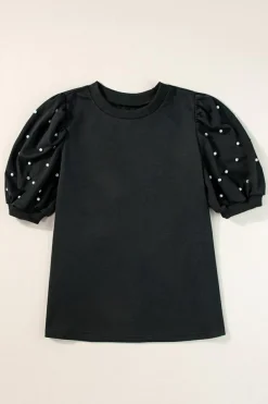 Sale Dear-Lover Rhinestone Pearl Puff Half Sleeve Top Black