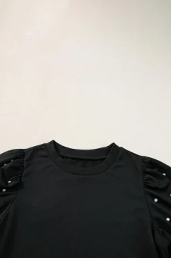 Sale Dear-Lover Rhinestone Pearl Puff Half Sleeve Top Black