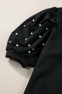 Sale Dear-Lover Rhinestone Pearl Puff Half Sleeve Top Black