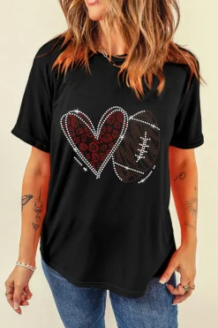Hot Dear-Lover Rhinestone Rugby Football Heart Shape Graphic T Shirt Black