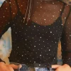 Sale Dear-Lover Rhinestone Sheer Mesh Slim Fit Long Sleeve Top Black
