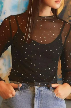 Sale Dear-Lover Rhinestone Sheer Mesh Slim Fit Long Sleeve Top Black
