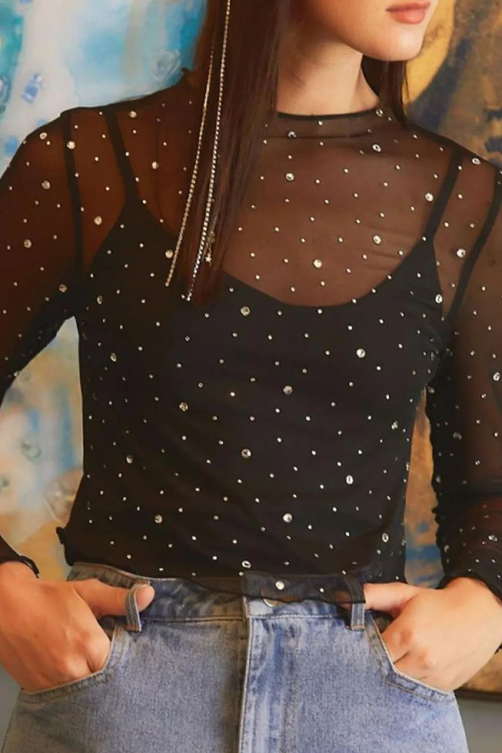 Sale Dear-Lover Rhinestone Sheer Mesh Slim Fit Long Sleeve Top Black