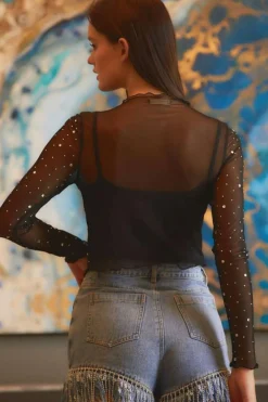 Sale Dear-Lover Rhinestone Sheer Mesh Slim Fit Long Sleeve Top Black