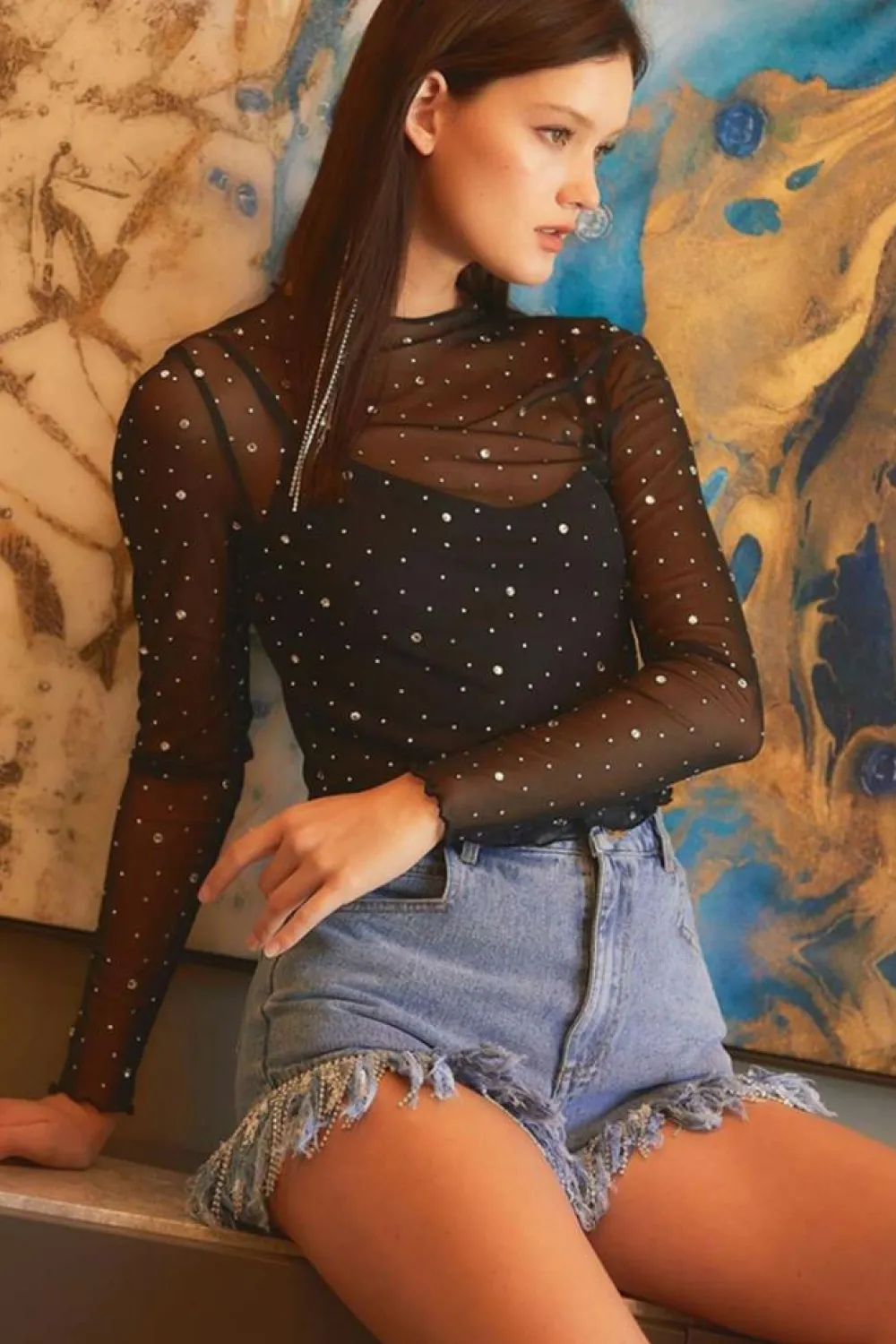 Sale Dear-Lover Rhinestone Sheer Mesh Slim Fit Long Sleeve Top Black