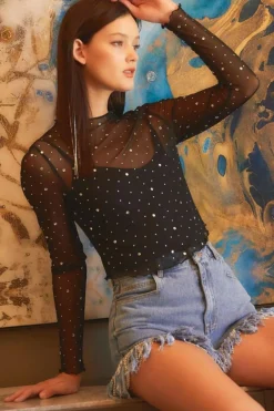 Sale Dear-Lover Rhinestone Sheer Mesh Slim Fit Long Sleeve Top Black