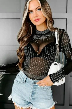 Outlet Dear-Lover Rhinestone Sheer Mesh Long Sleeve Bodysuit Black