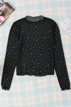 Sale Dear-Lover Rhinestone Sheer Mesh Slim Fit Long Sleeve Top Black