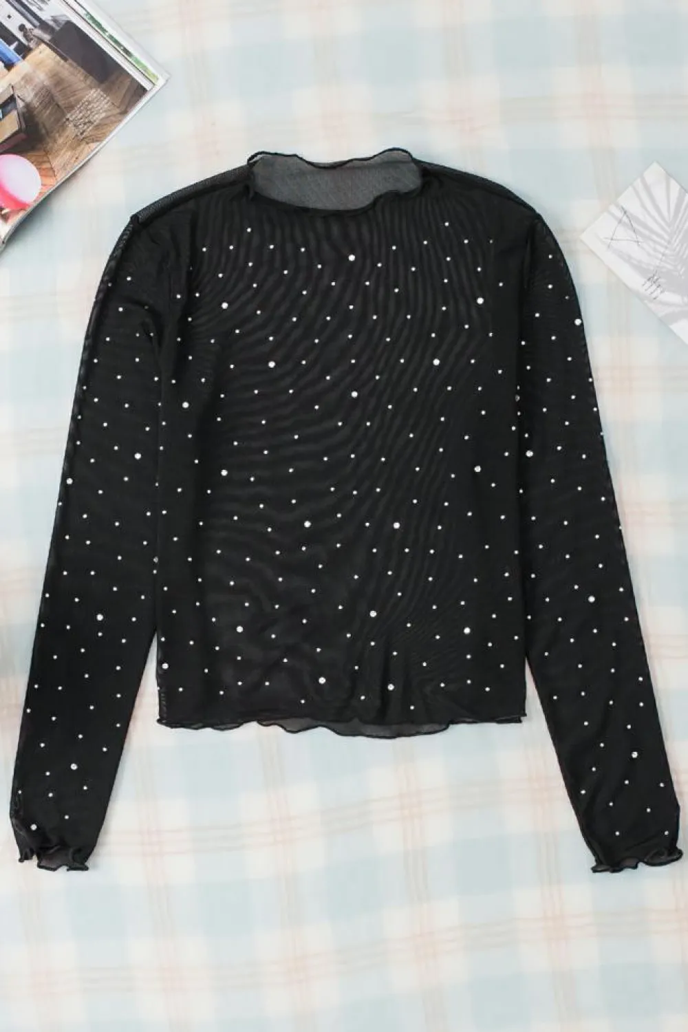 Sale Dear-Lover Rhinestone Sheer Mesh Slim Fit Long Sleeve Top Black