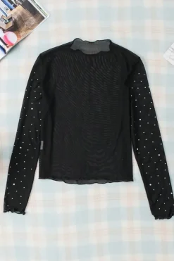Sale Dear-Lover Rhinestone Sheer Mesh Slim Fit Long Sleeve Top Black