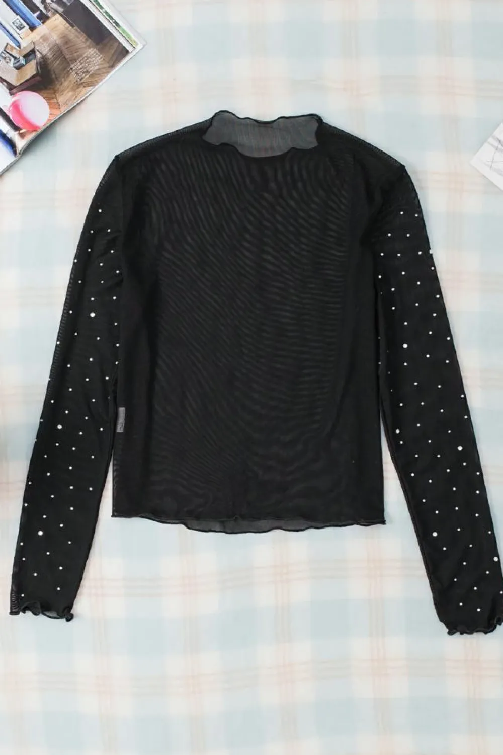 Sale Dear-Lover Rhinestone Sheer Mesh Slim Fit Long Sleeve Top Black