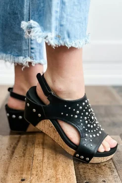 Hot Dear-Lover Rhinestone Stud Hollow Out Wedge Sandals Black