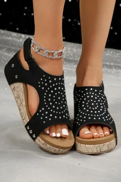 Hot Dear-Lover Rhinestone Stud Hollow Out Wedge Sandals Black