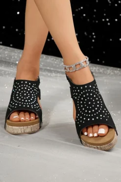 Hot Dear-Lover Rhinestone Stud Hollow Out Wedge Sandals Black