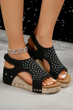 Hot Dear-Lover Rhinestone Stud Hollow Out Wedge Sandals Black